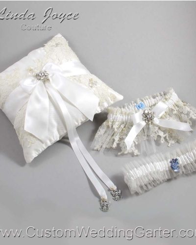 Handcrafted Navy Blue Gold & Ivory Lace Wedding Garter with Rose Charm 