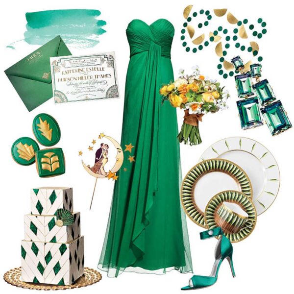 Custom Wedding Garter: Emerald Green and Gold Satin Beaded Pearl Wedding Garter “Charlotte 01” Gold