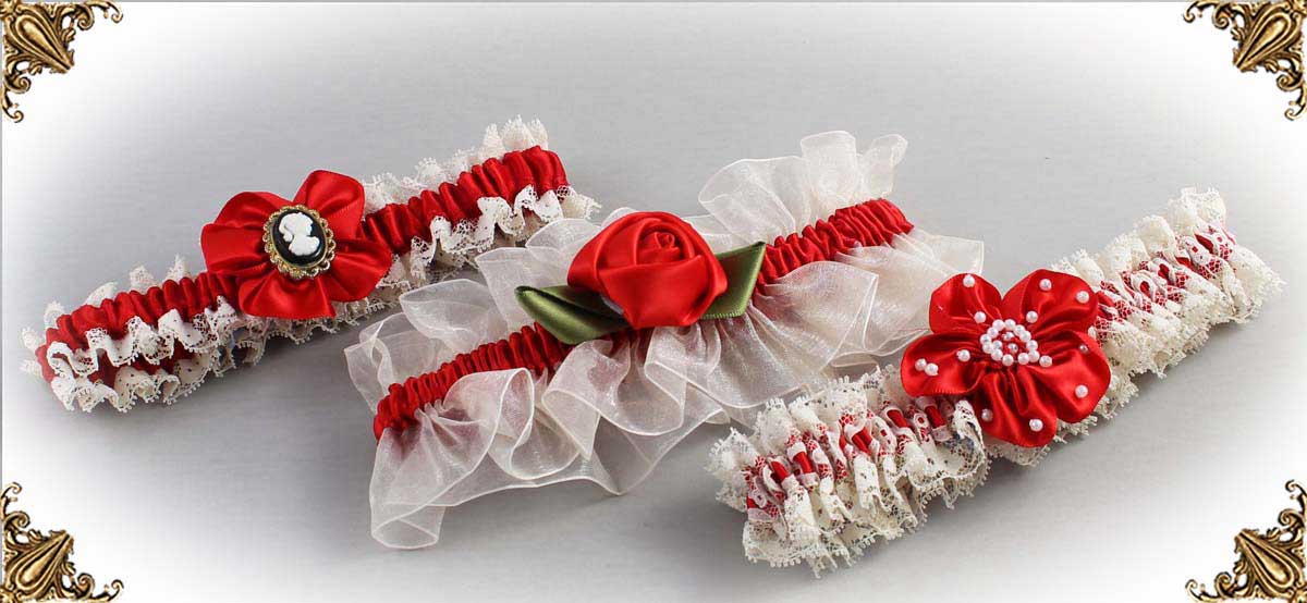 Ivory and Red Wedding Garters-Bridal-Garters-Prom Garters- Custom Wedding garters Linda Joyce Couture