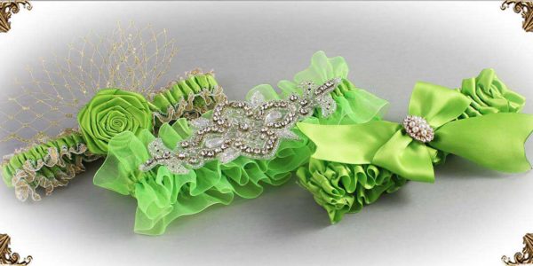 Green-Yellow-Wedding-Garters-550-Bridal-Garters-Prom Garters- Custom Wedding garters Linda Joyce Couture