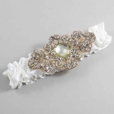 Off White Satin with Brown Wedding Garter / White Wedding Garters / Bijou # (000-000)-01-A01-Antique