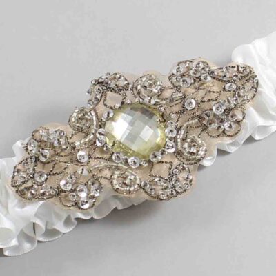 Off White Satin with Brown Wedding Garter / White Wedding Garters / Bijou # (000-000)-01-A01-Antique