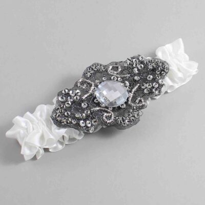 Off White Satin with Black Wedding Garter / White Wedding Garters / Bijou # (000-000)-01-A02-Black