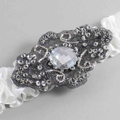 Off White Satin with Black Wedding Garter / White Wedding Garters / Bijou # (000-000)-01-A02-Black