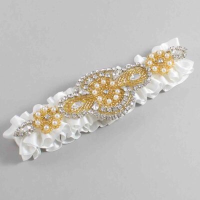 Off White Satin with Gold Wedding Garter / White Wedding Garters / Charlotte # (000-000)-01-A05-Gold
