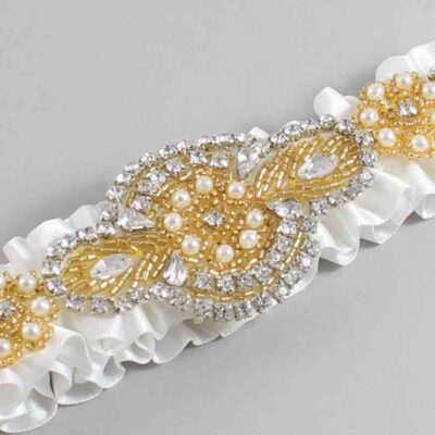 Off White Satin with Gold Wedding Garter / White Wedding Garters / Charlotte # (000-000)-01-A05-Gold