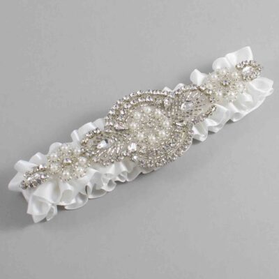 Off White Satin Wedding Garter / Solid White Wedding Garters / Charlotte # (000-000)-01-A06-Silver