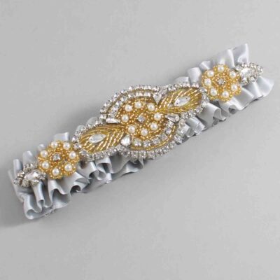 Shell Gray Satin with Gold Wedding Garter / Gray Wedding Garters / Charlotte # (007-007)-01-A05-Gold