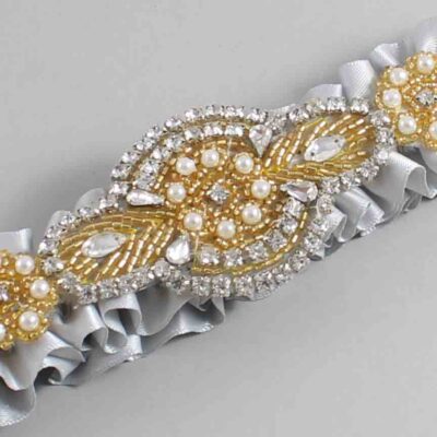 Shell Gray Satin with Gold Wedding Garter / Gray Wedding Garters / Charlotte # (007-007)-01-A05-Gold