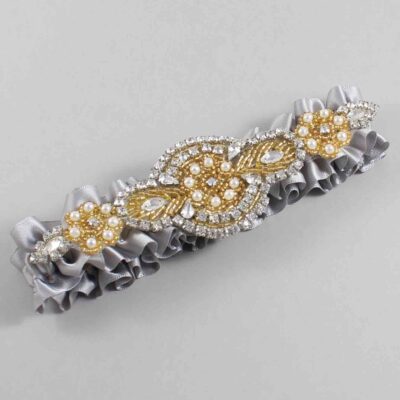 Grey with Gold Wedding Garter / Gray Wedding Garters / Charlotte # (012-012)-01-A05-Gold
