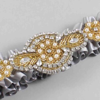 Grey with Gold Wedding Garter / Gray Wedding Garters / Charlotte # (012-012)-01-A05-Gold