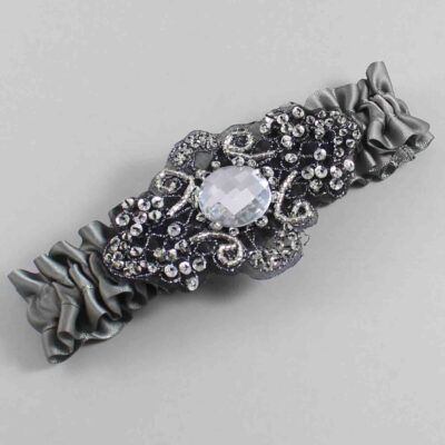 Metal Gray with Black Wedding Garter / Gray Wedding Garters / Bijou # (017-017)-01-A02-Black