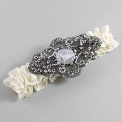 Old Lace Satin with Black Wedding Garter / Ivory Wedding Garters / Bijou # (028-028)-01-A02-Black