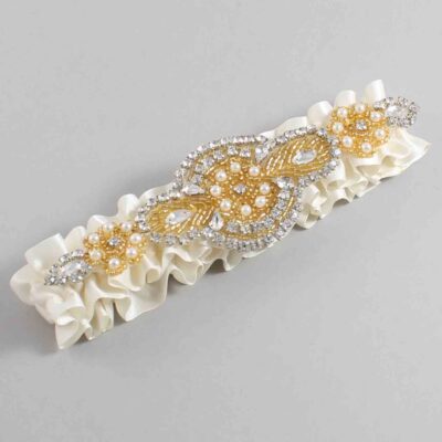 Old Lace Satin with Gold Wedding Garter / Ivory Wedding Garters / Charlotte # (028-028)-01-A05-Gold