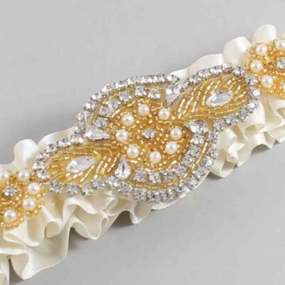 Old Lace Satin with Gold Wedding Garter / Ivory Wedding Garters / Charlotte # (028-028)-01-A05-Gold