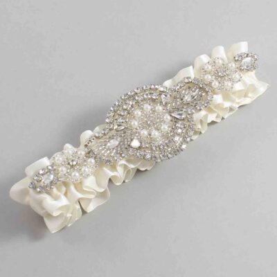 Old Lace Satin Wedding Garter / Solid Ivory Wedding Garters / Charlotte # (028-028)-01-A06-Silver