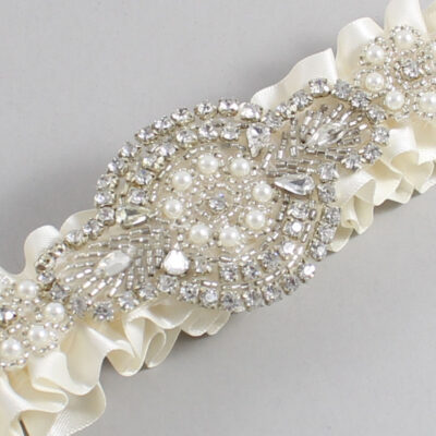 Old Lace Satin Wedding Garter / Solid Ivory Wedding Garters / Charlotte # (028-028)-01-A06-Silver