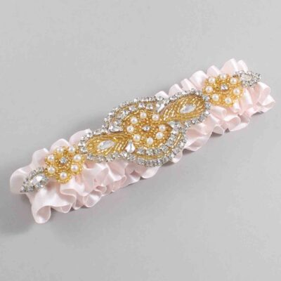 Sideshow Rose Satin with Gold Wedding Garter / Pink Wedding Garters / Charlotte # (105-105)-01-A05-Gold