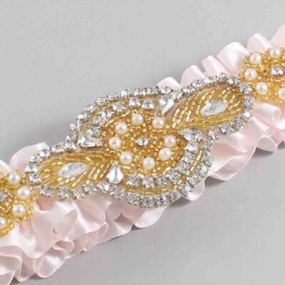 Sideshow Rose Satin with Gold Wedding Garter / Pink Wedding Garters / Charlotte # (105-105)-01-A05-Gold