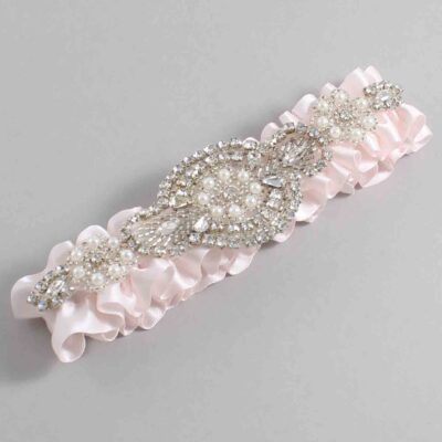 Sideshow Rose Satin Wedding Garter / Solid Pink Wedding Garters / Charlotte # (105-105)-01-A06-Silver