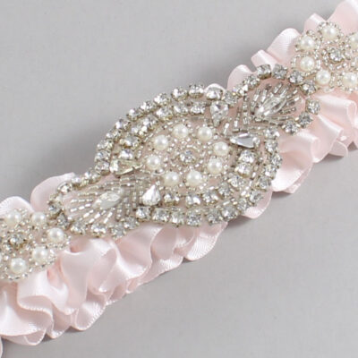 Sideshow Rose Satin Wedding Garter / Solid Pink Wedding Garters / Charlotte # (105-105)-01-A06-Silver