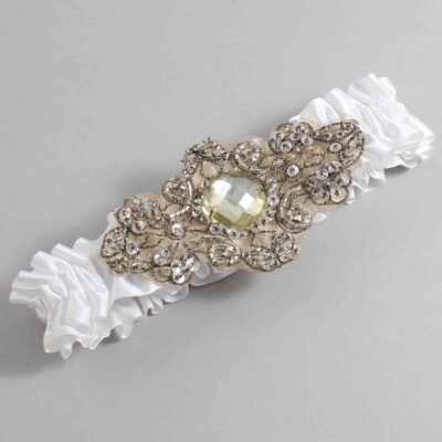 White Satin with Brown Wedding Garter / White Wedding Garters / Bijou # (112-112)-01-A01-Antique