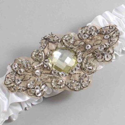 White Satin with Brown Wedding Garter / White Wedding Garters / Bijou # (112-112)-01-A01-Antique