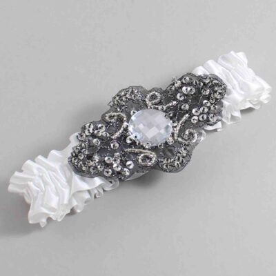 White Satin with Black Wedding Garter / White Wedding Garters / Bijou # (112-112)-01-A02-Black