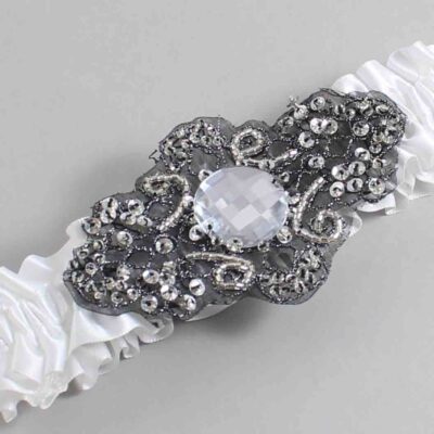 White Satin with Black Wedding Garter / White Wedding Garters / Bijou # (112-112)-01-A02-Black