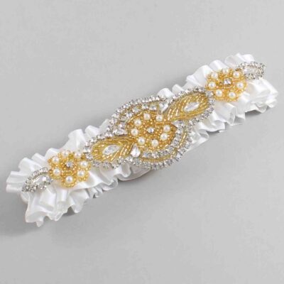 White Satin with Gold Wedding Garter / White Wedding Garters / Charlotte # (112-112)-01-A05-Gold
