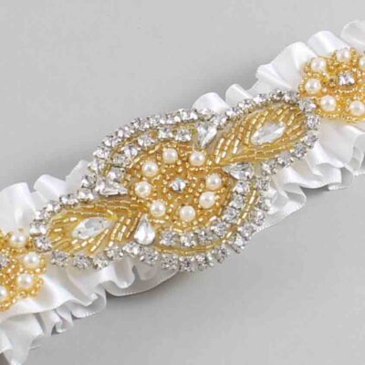 White Satin with Gold Wedding Garter / White Wedding Garters / Charlotte # (112-112)-01-A05-Gold