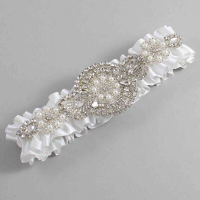 White Satin Wedding Garter / Solid White Wedding Garters / Charlotte # (112-112)-01-A06-Silver