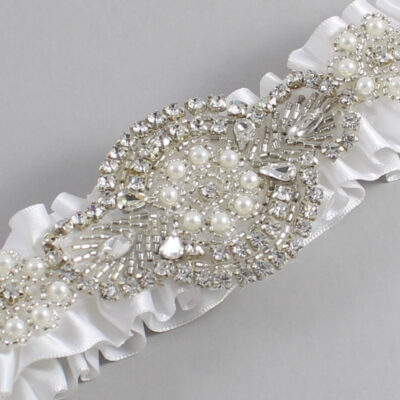 White Satin Wedding Garter / Solid White Wedding Garters / Charlotte # (112-112)-01-A06-Silver