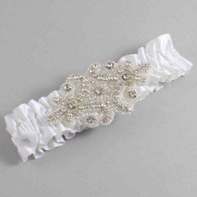 White Satin Wedding Garter / Solid White Wedding Garters / Heather # (112-112)-01-A07-Silver