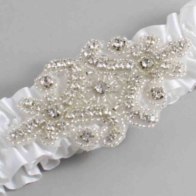 White Satin Wedding Garter / Solid White Wedding Garters / Heather # (112-112)-01-A07-Silver