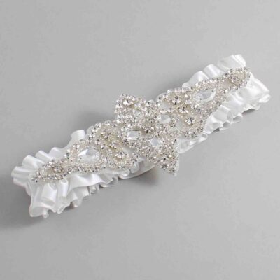 White Satin Wedding Garter / Solid White Wedding Garters / Lorine # (112-112)-01-A09-Silver