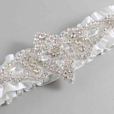 White Satin Wedding Garter / Solid White Wedding Garters / Lorine # (112-112)-01-A09-Silver
