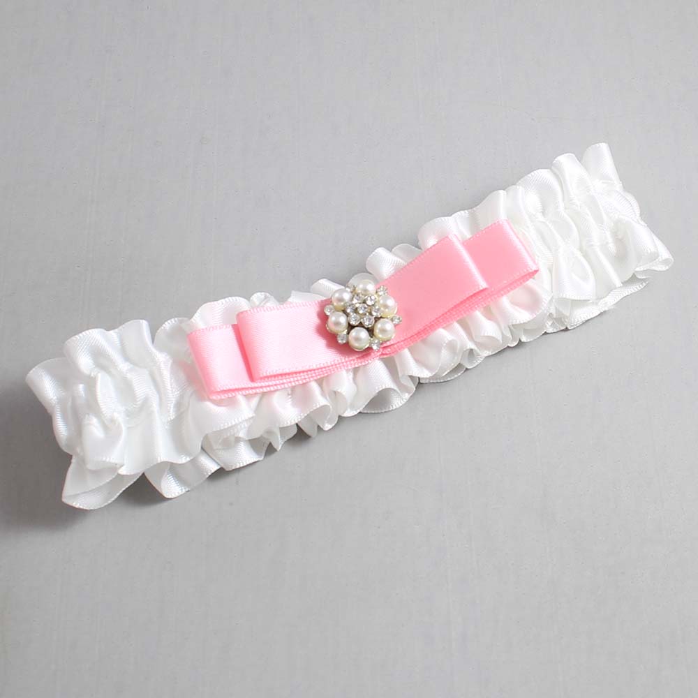 White and Pink Satin Wedding Garter / White Wedding Garters / Wedding Garter / Custom Wedding Garter / Bridal Garter / Prom Garter / Linda Joyce Couture / Personalized Garter / Personalized Wedding Garter / Personalized Prom Garter