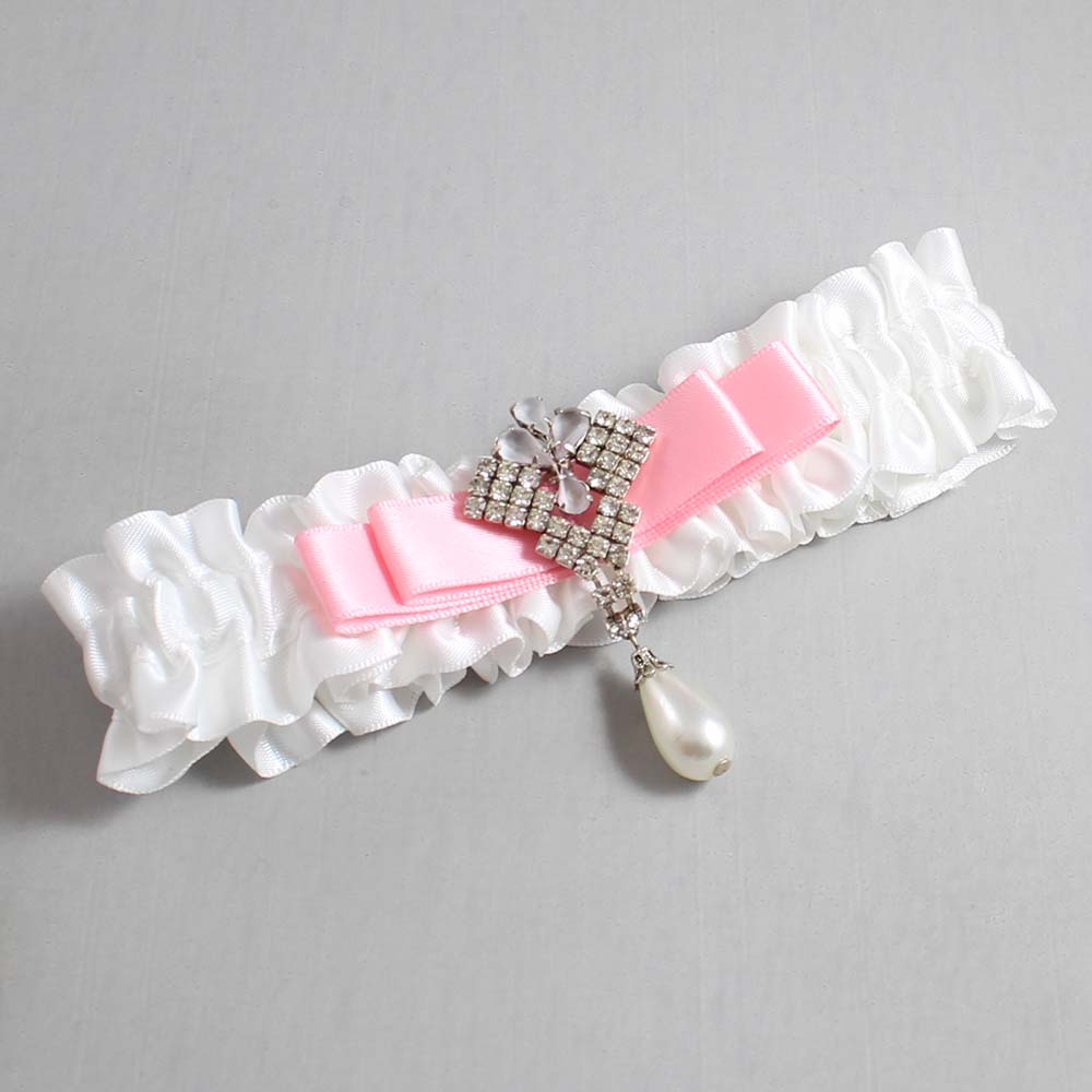 White and Pink Satin Wedding Garter / White Wedding Garters / Wedding Garter / Custom Wedding Garter / Bridal Garter / Prom Garter / Linda Joyce Couture / Personalized Garter / Personalized Wedding Garter / Personalized Prom Garter