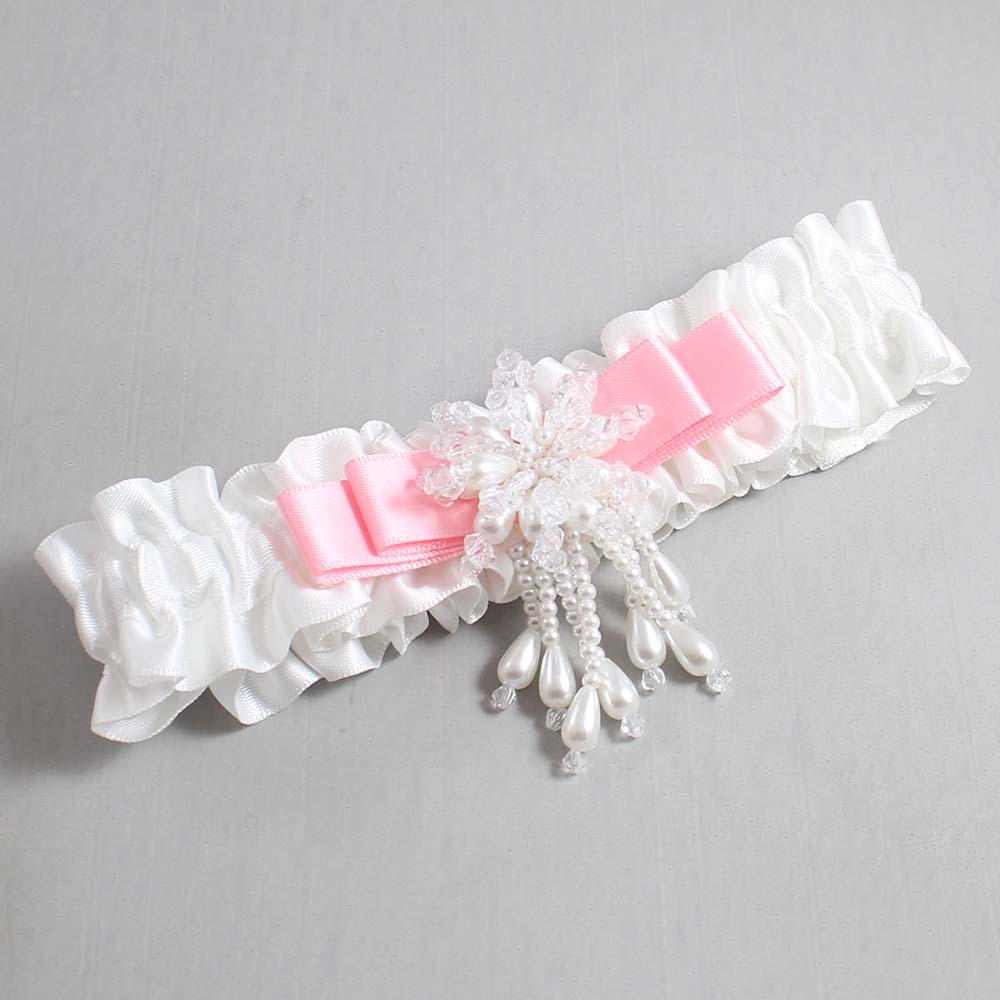 White and Pink Satin Wedding Garter / White Wedding Garters / Wedding Garter / Custom Wedding Garter / Bridal Garter / Prom Garter / Linda Joyce Couture / Personalized Garter / Personalized Wedding Garter / Personalized Prom Garter