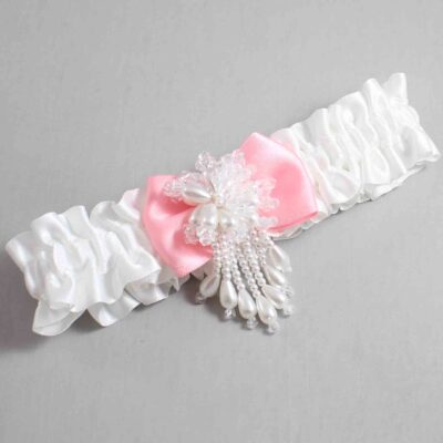 White and Pink Satin Wedding Garter / White Wedding Garters / Wedding Garter / Custom Wedding Garter / Bridal Garter / Prom Garter / Linda Joyce Couture / Personalized Garter / Personalized Wedding Garter / Personalized Prom Garter