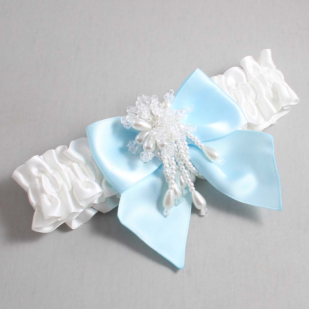 White and Alice Blue Satin Wedding Garter / White and Blue Wedding Garters / Wedding Garter / Custom Wedding Garter / Bridal Garter / Prom Garter / Linda Joyce Couture / Personalized Garter / Personalized Wedding Garter / Personalized Prom Garter