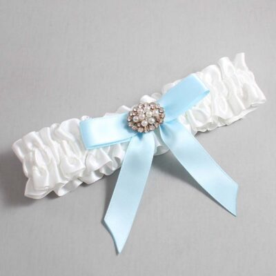 White and Alice Blue Satin Wedding Garter / White Wedding Garters / Wedding Garter / Custom Wedding Garter / Bridal Garter / Prom Garter / Linda Joyce Couture / Personalized Garter / Personalized Wedding Garter / Personalized Prom Garter