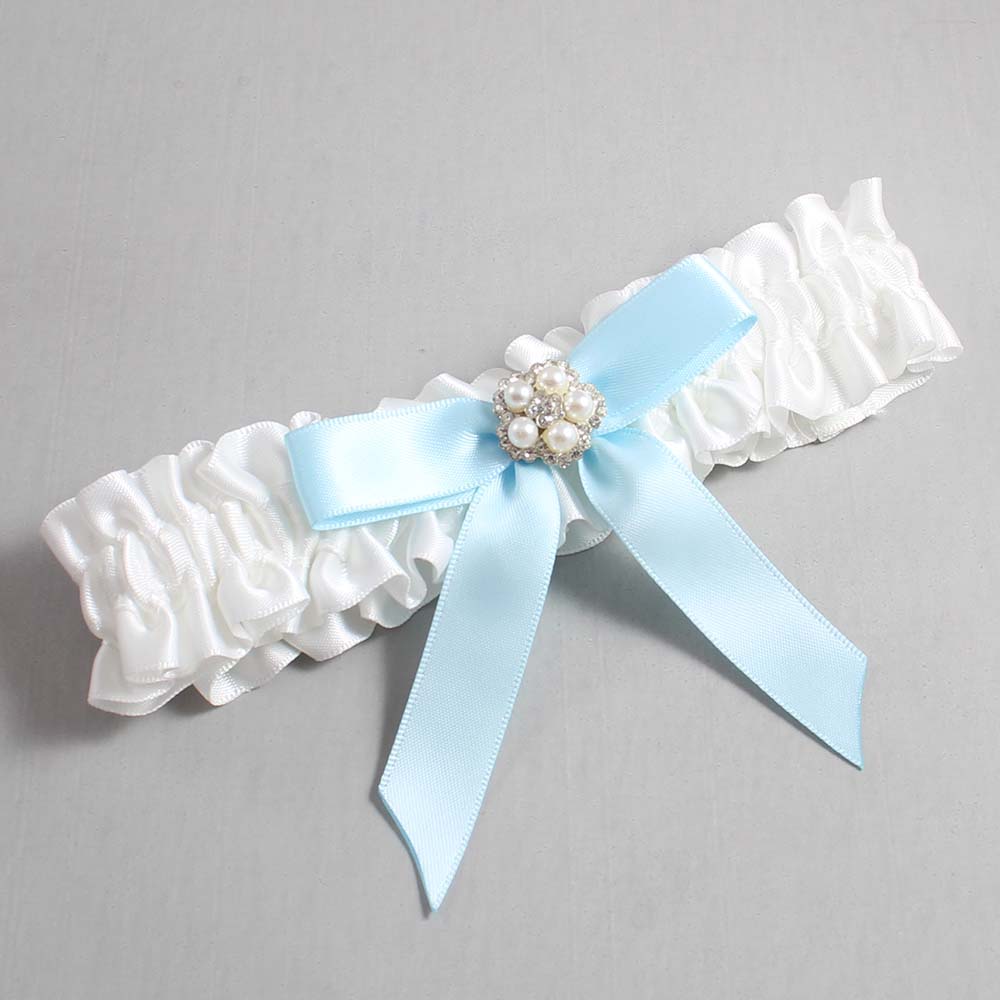 White and Alice Blue Satin Wedding Garter / White Wedding Garters / Wedding Garter / Custom Wedding Garter / Bridal Garter / Prom Garter / Linda Joyce Couture / Personalized Garter / Personalized Wedding Garter / Personalized Prom Garter