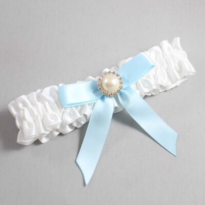 White and Alice Blue Satin Wedding Garter / White Wedding Garters / Wedding Garter / Custom Wedding Garter / Bridal Garter / Prom Garter / Linda Joyce Couture / Personalized Garter / Personalized Wedding Garter / Personalized Prom Garter