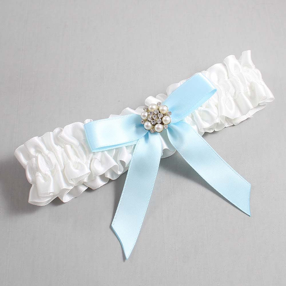 White and Alice Blue Satin Wedding Garter / White Wedding Garters / Wedding Garter / Custom Wedding Garter / Bridal Garter / Prom Garter / Linda Joyce Couture / Personalized Garter / Personalized Wedding Garter / Personalized Prom Garter