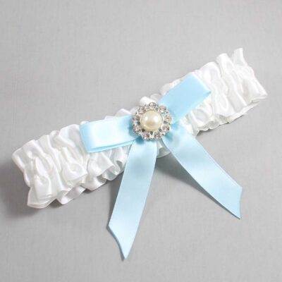 White and Alice Blue Satin Wedding Garter / White Wedding Garters / Wedding Garter / Custom Wedding Garter / Bridal Garter / Prom Garter / Linda Joyce Couture / Personalized Garter / Personalized Wedding Garter / Personalized Prom Garter