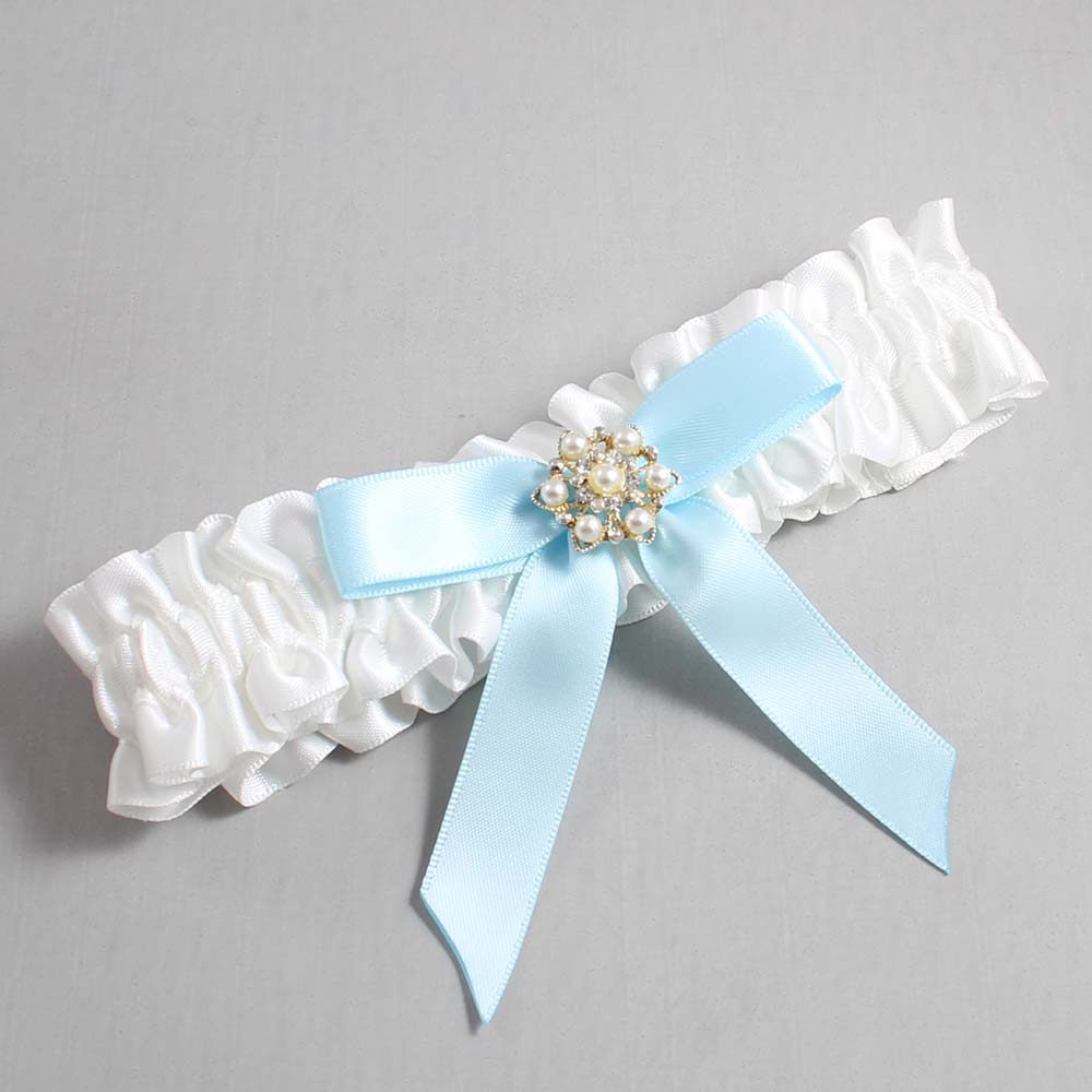 White and Alice Blue Satin Wedding Garter / White Wedding Garters / Wedding Garter / Custom Wedding Garter / Bridal Garter / Prom Garter / Linda Joyce Couture / Personalized Garter / Personalized Wedding Garter / Personalized Prom Garter
