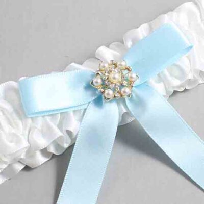 White and Alice Blue Satin Wedding Garter / White Wedding Garters / Wedding Garter / Custom Wedding Garter / Bridal Garter / Prom Garter / Linda Joyce Couture / Personalized Garter / Personalized Wedding Garter / Personalized Prom Garter