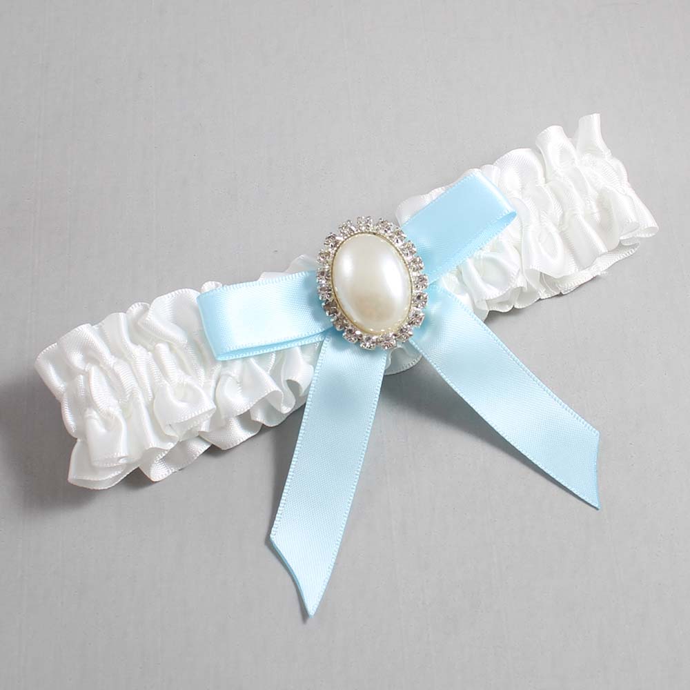 White and Alice Blue Satin Wedding Garter / White Wedding Garters / Wedding Garter / Custom Wedding Garter / Bridal Garter / Prom Garter / Linda Joyce Couture / Personalized Garter / Personalized Wedding Garter / Personalized Prom Garter